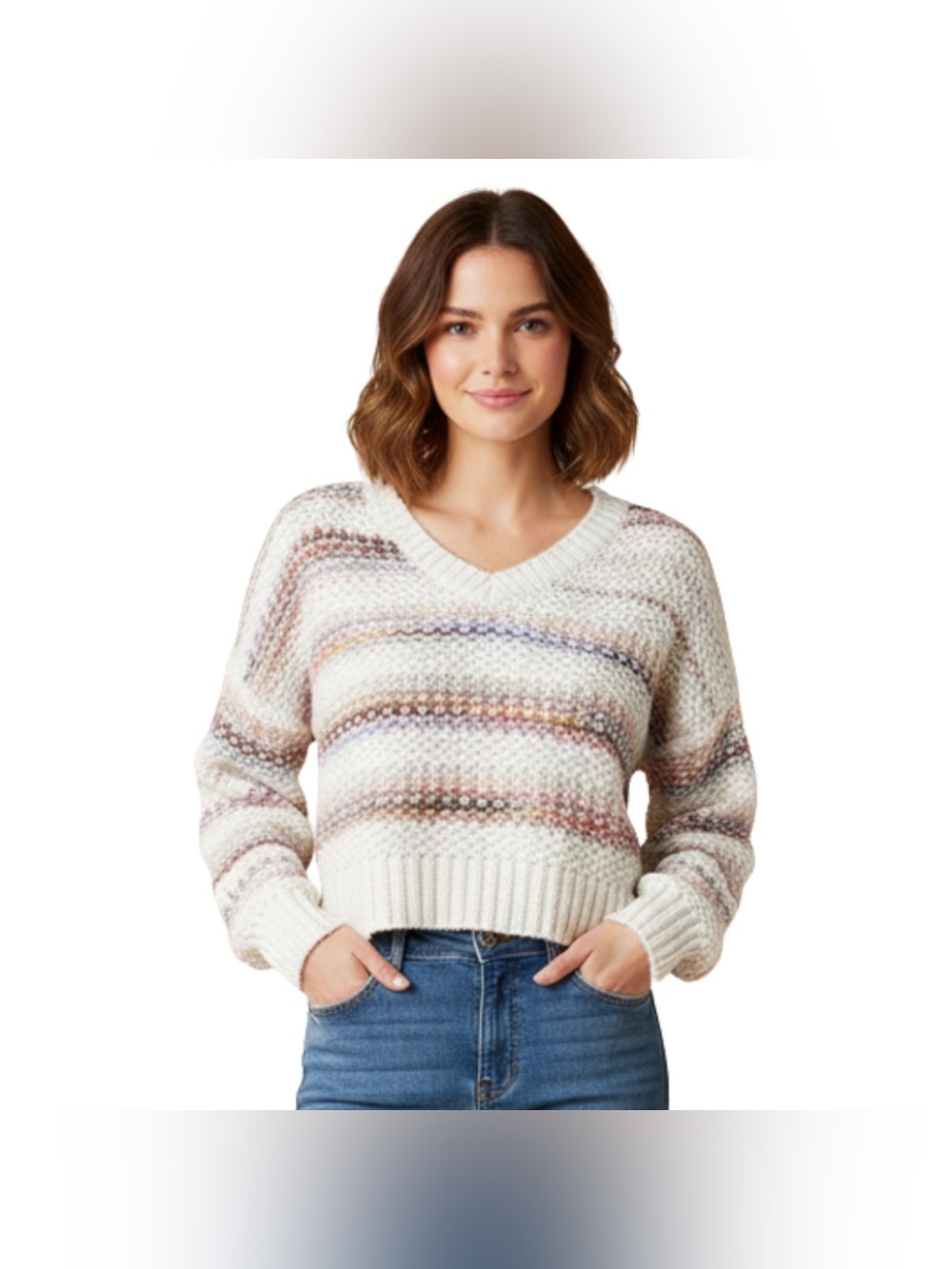 Cream Cream White Rainbow Striped Long Sleeve Cropped Sweater Francesca’s Shelly - Picture 1 of 5